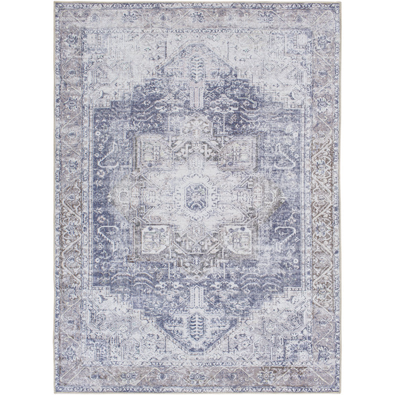 Heyward Machine Washable Oriental Ink Blue/Medium Brown Area Rug, Rectangle 6'7" x 9'