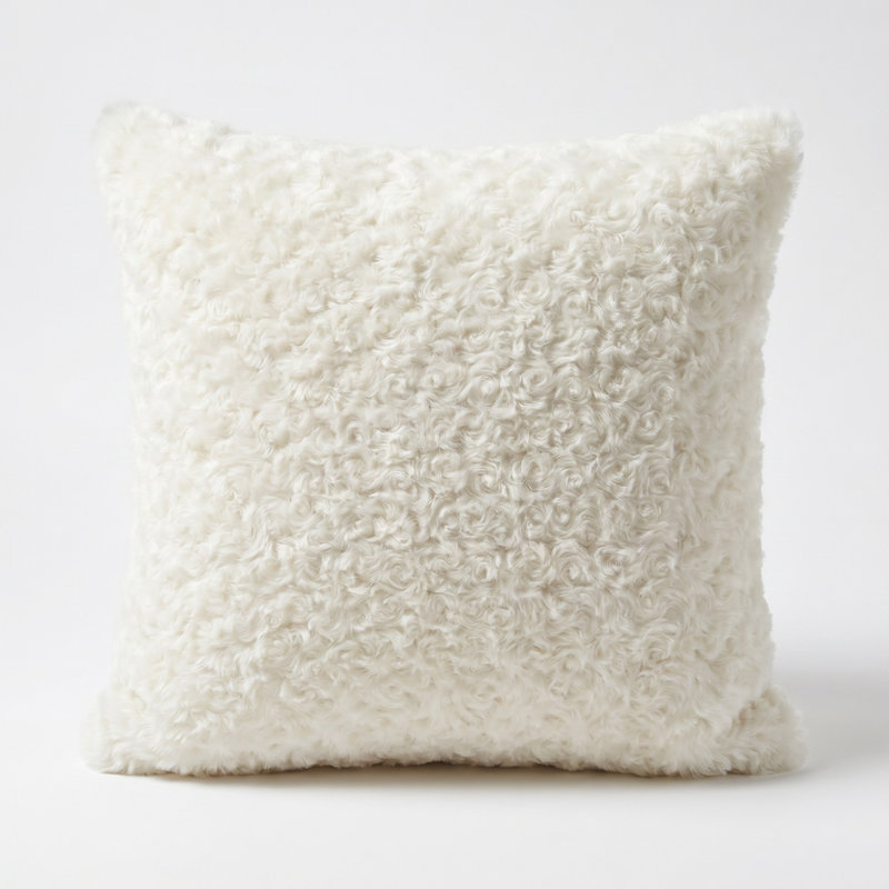 Curly Kalgan Lambskin Throw Pillow with Feather Down Insert, White, 20" x 20"