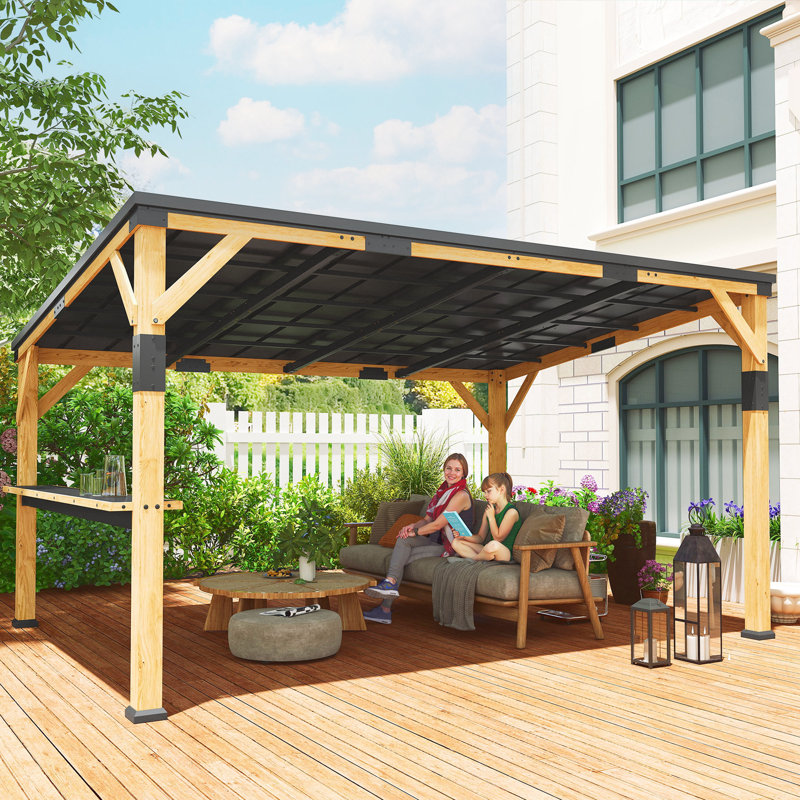 10' x 14' Wooden Gazebo, Hardtop Lean-to Gazebo Pergola with Galvanized Steel Sloped Roof, Bar Shelf, Large Heavy Duty Awning for Patio, Deck, Backyard, Natural Wood
