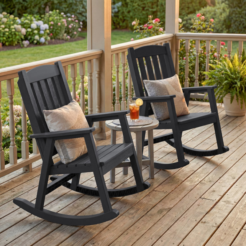 Ensemble de 2 chaises berçantes en plastique pour l'extérieur, parfaites pour la piscine, le patio et le porche, Noir