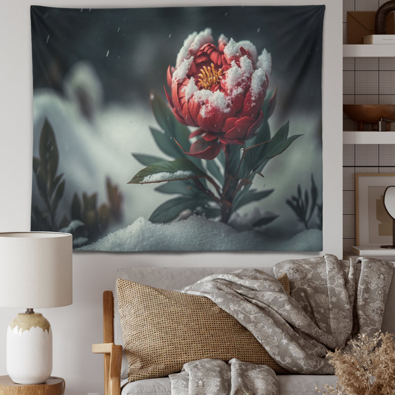 Polyester - tapisserie fleurie de pivoine en hiver II, H 50 po x l 60 po
