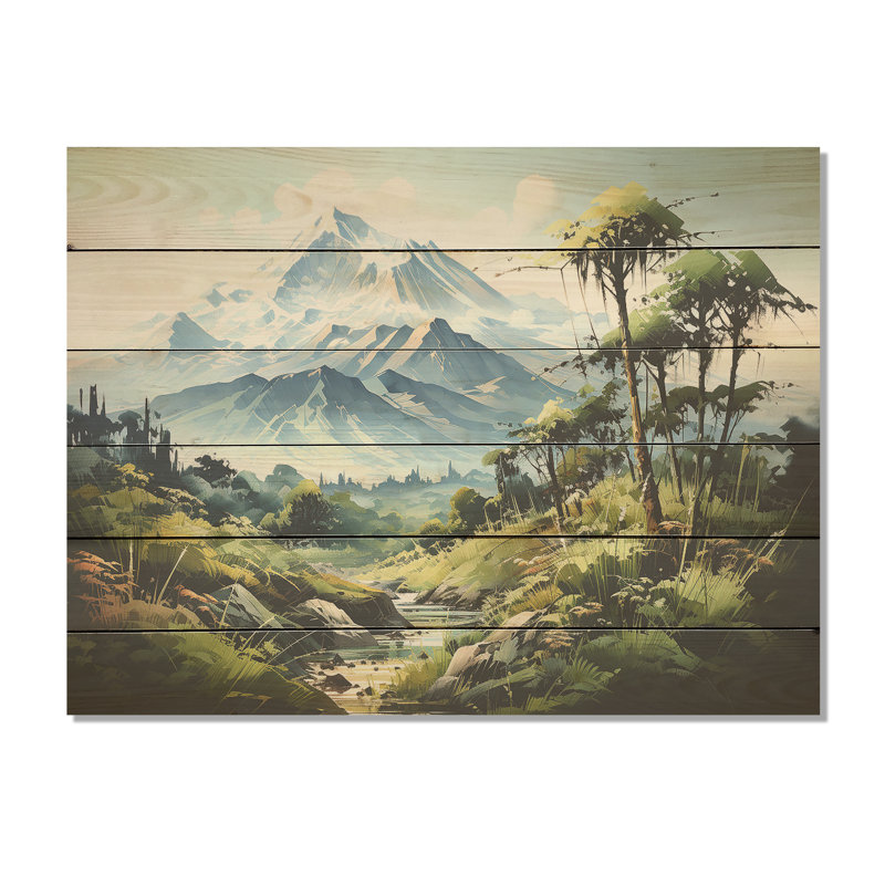 Jungle Volcano Paradise I - fougères, art mural sur bois de pin naturel, H 30 po x l 40 po