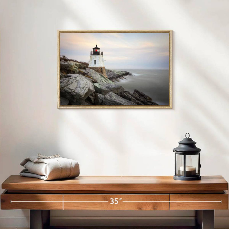 Phare de Coastal Castle Hill, 19 po x 13 po, Cadre flottant en bois naturel