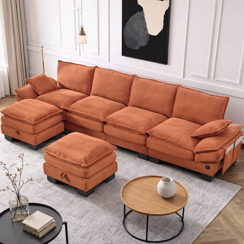 130" U-Shaped Corduroy Cloud Modular Sofa with 2 Storage Ottomans, Deep Seat Sectional, USB Ports & Phone Pockets, 4-Seat Convertible Couch for Living Room, Apartment
