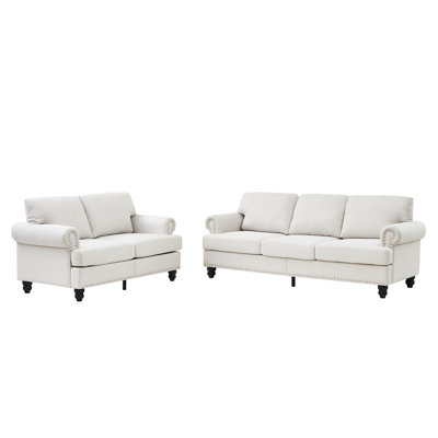 Canapé classique en tissu 2 + 3 places, revêtement en beige, pieds en bois massif, coussins ronds et amovibles, et salon de rangement sous le siège avec look moderne, housses de coussin rembourrées, fonction