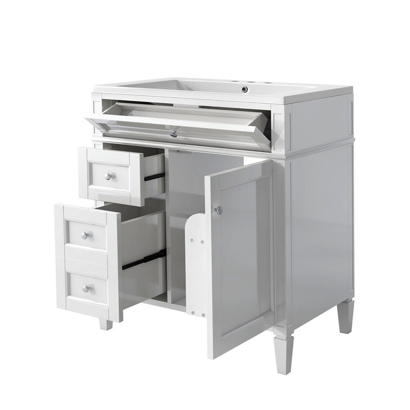 Denazia 30'' Single Bathroom Vanity with Ceramic Top, White, Silver