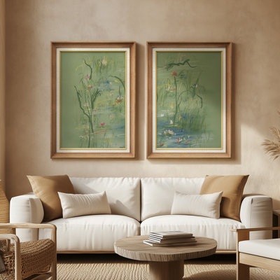 Minimalist Green Water Garden with Abstract Floral Accents – Set of 2 Premium Framed Wall Art Print on Paper 26"x36"