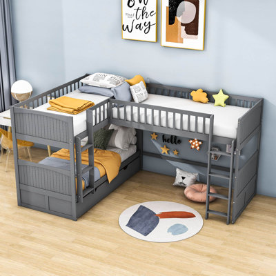 Duayne Twin Over Twin Bunk Bed, Wood Triple Bunk Bed With Drawers by Harriet Bee