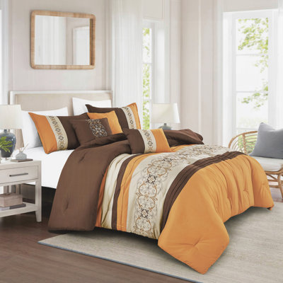 Ensemble d'édredon brodé 6 pièces brun et orange, literie toutes saisons avec coussins décoratifs, grand