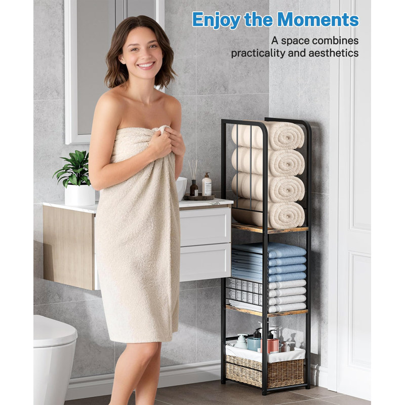 Rangement à serviettes étroit pour salle de bain, organisateur de porte-serviettes sur pied à 3 niveaux avec tablette (brun)