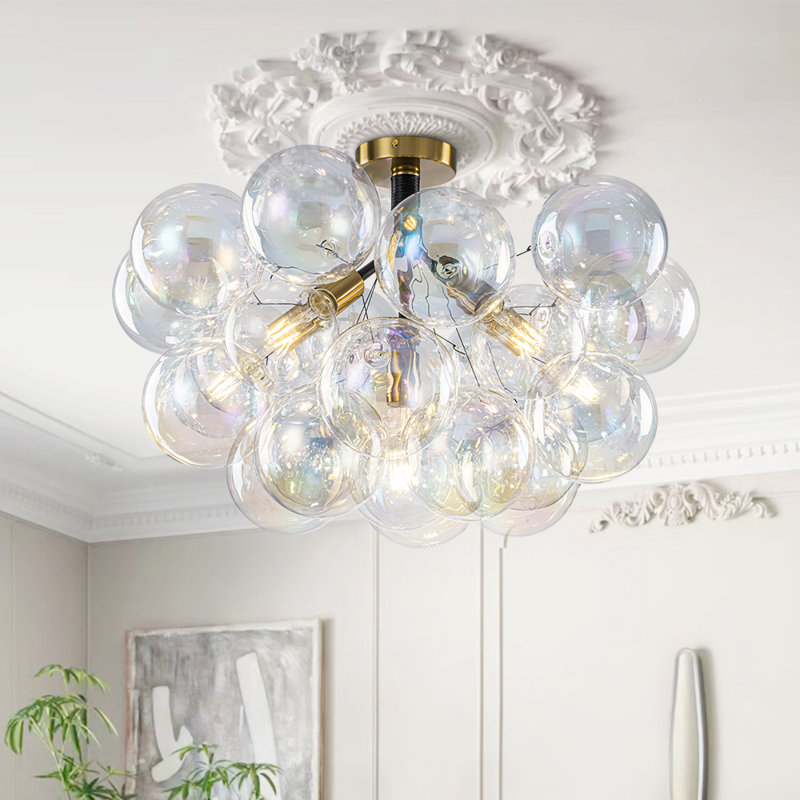 Meyana 6 - Light Cluster Iridescent Glass Ball Bubble Ceiling Light, Gold/Black