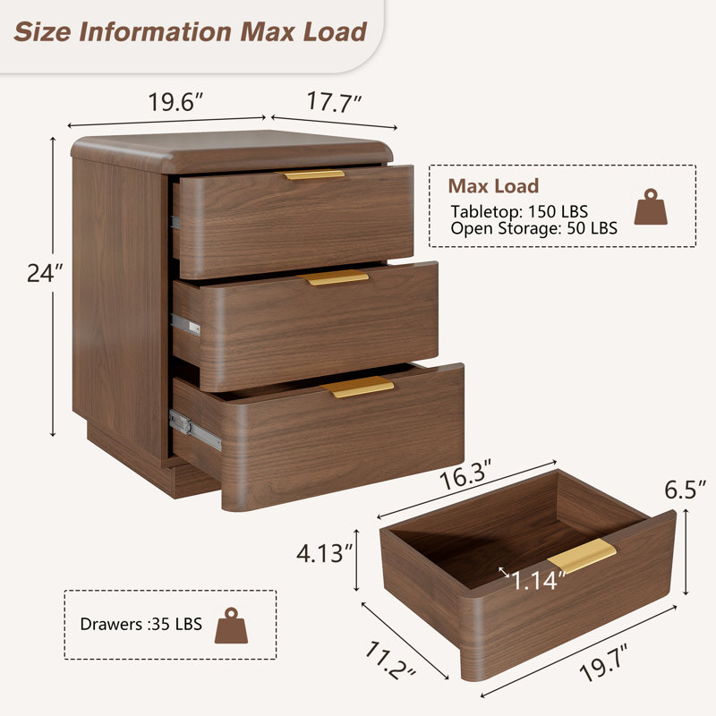 Cota 19.6" Thickened Nightstand Set Of 2, 3 Drawer Bedside Table, Wooden End Table W/storage, Modern Curved Profile Design, Mid Century Night Stand For Bedroom, Living Room, Dark Walnut