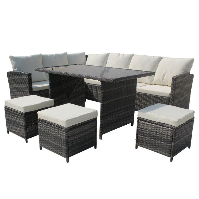 Garden Corner Sofa Rattan Furniture Set 9 Seater Patio Outdoor Lounge Settee With Glass Dining Table & Cover All-weather Sfs019