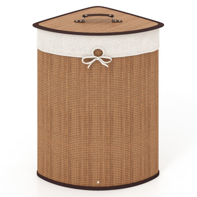 72L Corner Bamboo Laundry Hamper with Lid, Removable Liner & Foldable Design