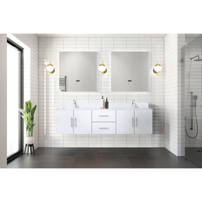 Double Bath Vanity 22 in. D, Carrara Marble Top, Faucet Set, and 30 in. LED Mirrors, 19" H  x 22" W x 72" D, Glossy White