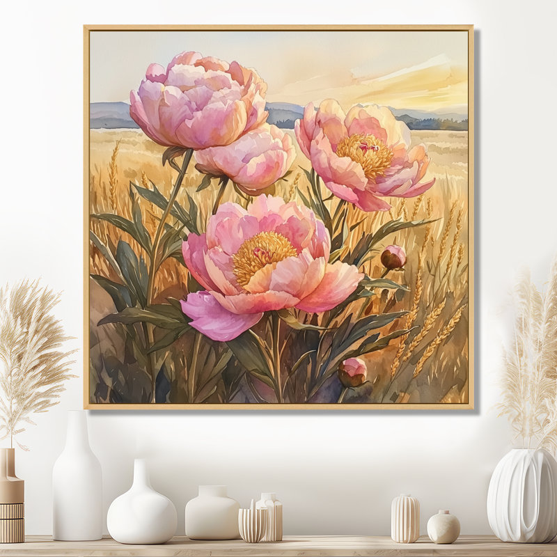 Pivoines dans le champ de l'heure dorée I - pivoines, art mural pour le salon, Impression encadrée flottante, Crème, crème