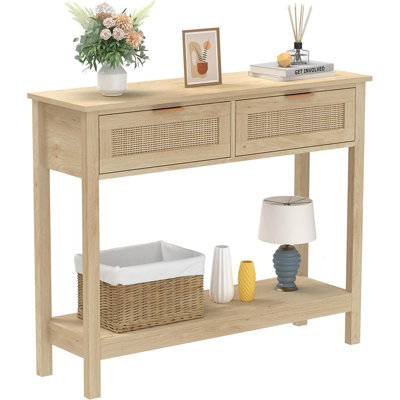 Rattan Console Table With 2 Drawers 2 Tier Boho Narrow...