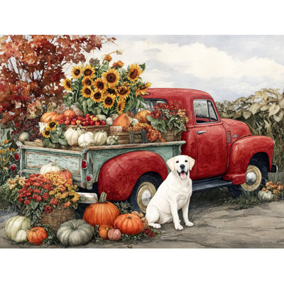 Vintage Red Truck Harvest with Dog Wrapped Canvas Wall Art