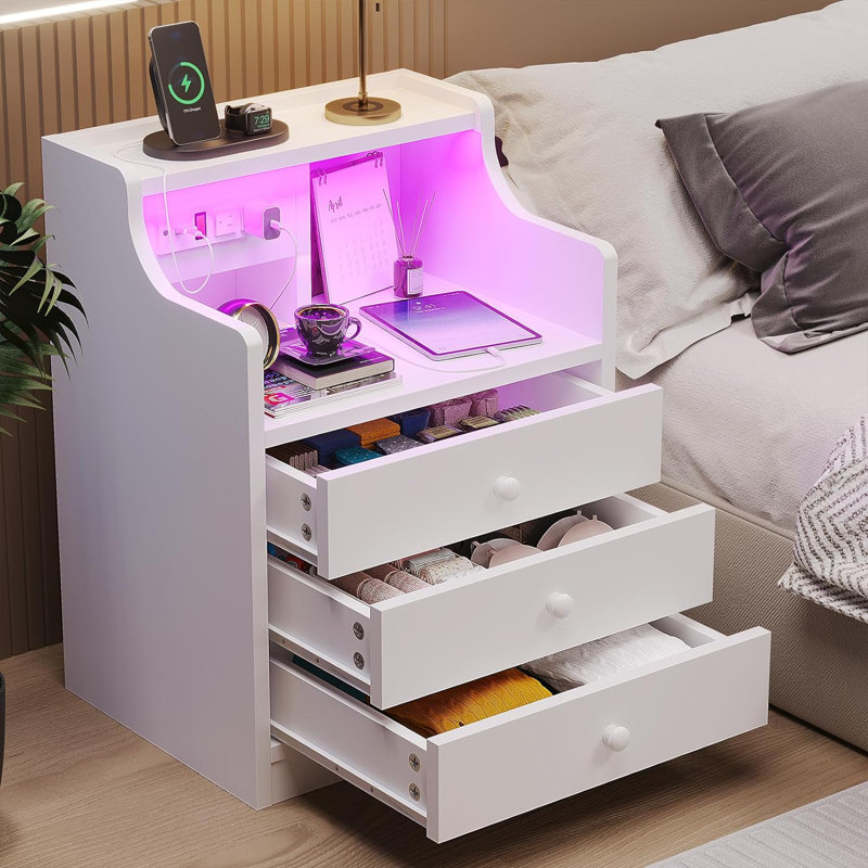 Nightstand With Charging Station And Led Lights,night Stand With Hutch,bedside Table With Drawers,modern End Side Table For Bedroom