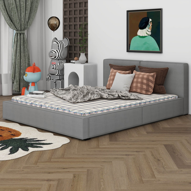 Grand lit tapissier avec base solide, gris