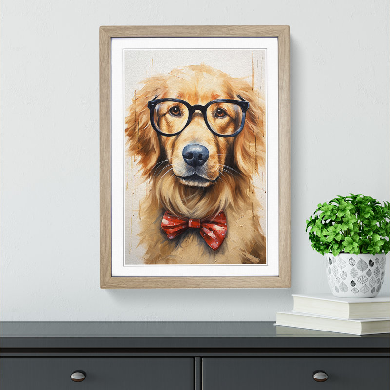 Golden Retriever With Glasses - Single Picture Frame Print on Wood, Oak, 34cm H x 25cm W x 2cm D
