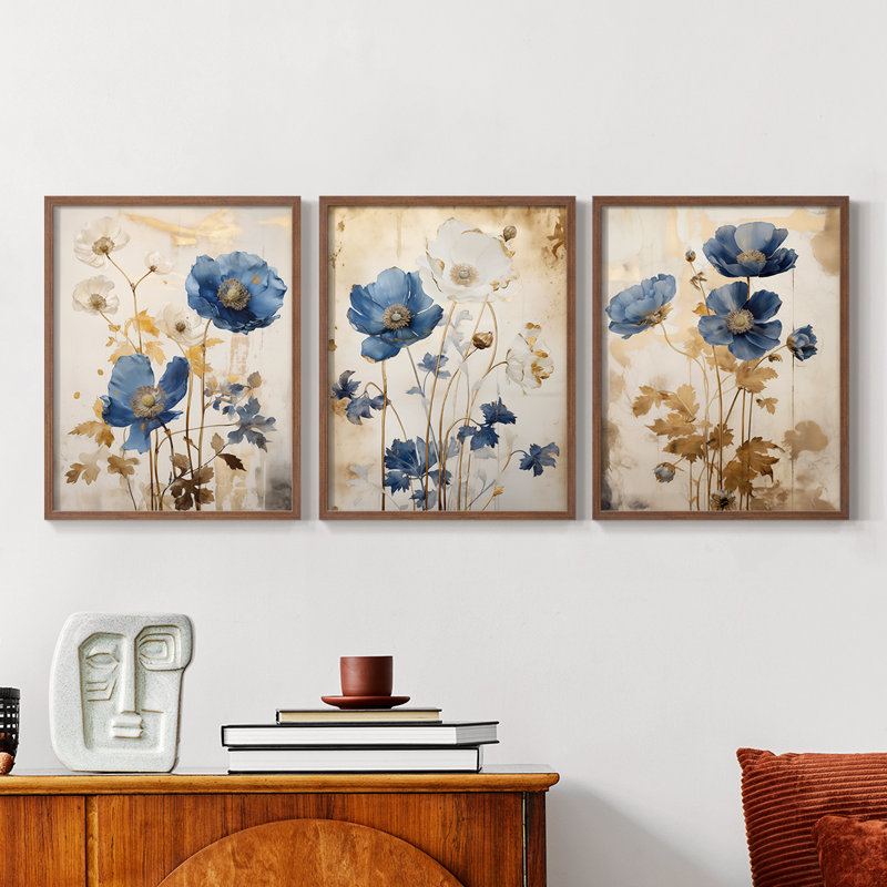 Étude florale, série XXII, ensemble de 3 estampes numériques, prêt à accrocher, Cadre noyer, H 20 po x l 16 po