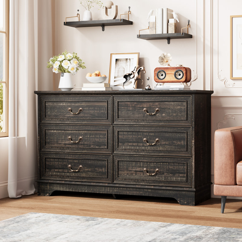 Commode 6 tiroirs pour la chambre à coucher - Commode double de 47 po de largeur, organisateur de tiroirs rétro pour le salon, le couloir, le vestibule, frêne chêne