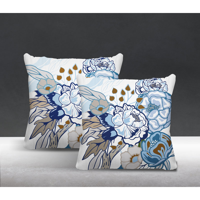 Oreiller carré intérieur / extérieur Nouvel Floral, L 15 po x H 15 po, Blanc / bleu / brun