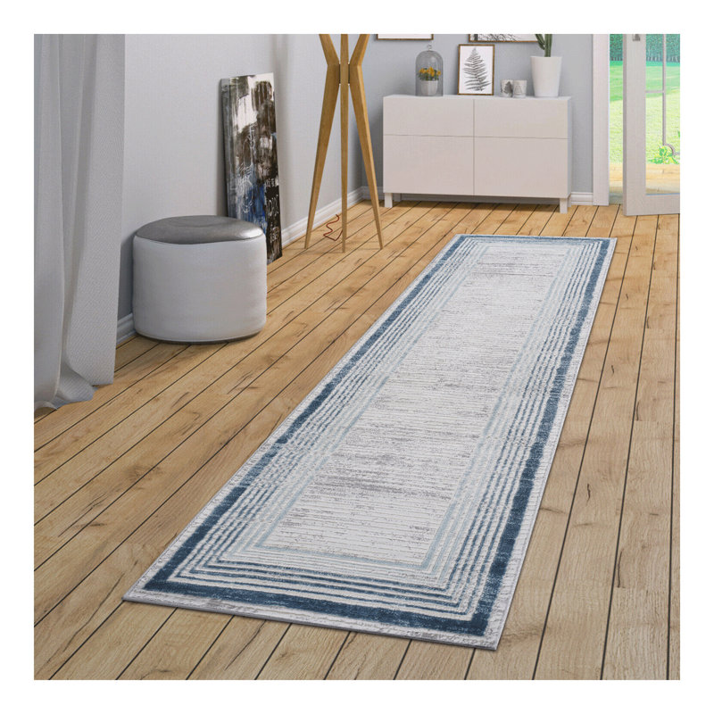 Collection Blue / Bordered Area Rug, Runner 2'2" x 8'
