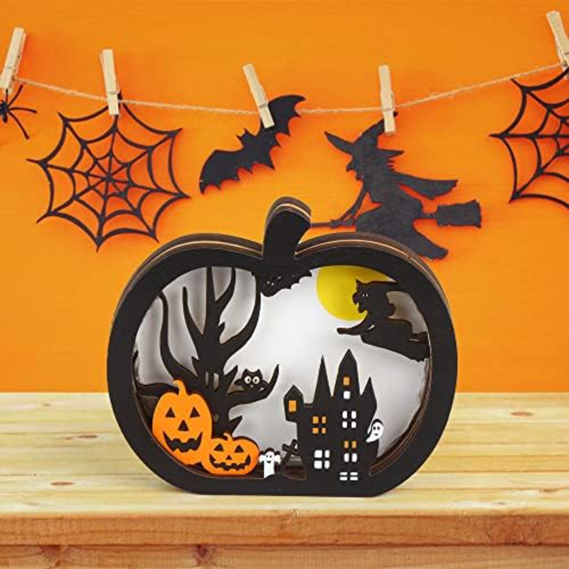 Enseigne de table en bois d'Halloween, décoration de centre de table de citrouille lumineuse pour décoration de fête d'Halloween