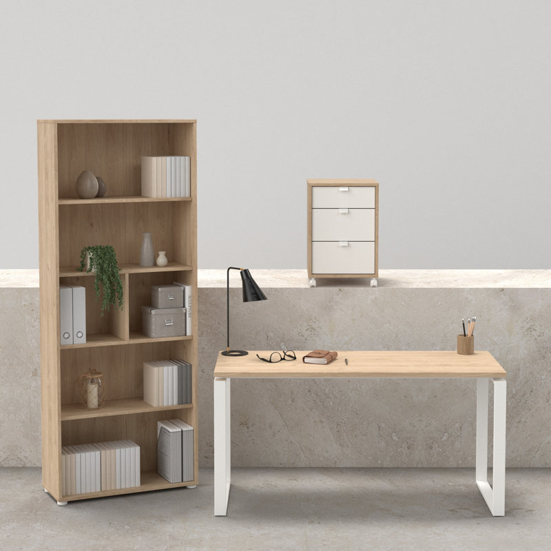 Ensemble de bureau Embrie 3 pièces : caisson mobile à 3 tiroirs, bureau de 150 cm avec pieds en acier et bibliothèque à 6 étagères, coloris Jackson Hickory/Blanc