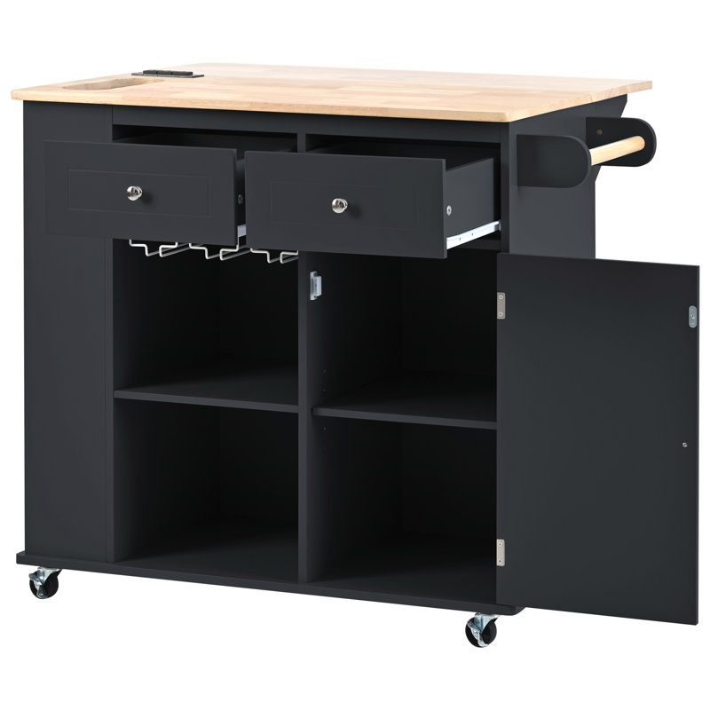 Kitchen Island with Power Outlet,Kitchen Storage Island with Drop Leaf and Rubber Wood,Open Storage and Wine Rack,5 Wheels,with Adjustable Storage for Home, Kitchen, and Dining Room