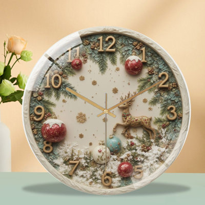 Christmas-Clock-With-Reindeer Art - 12'' Modern Glass Wall Clock