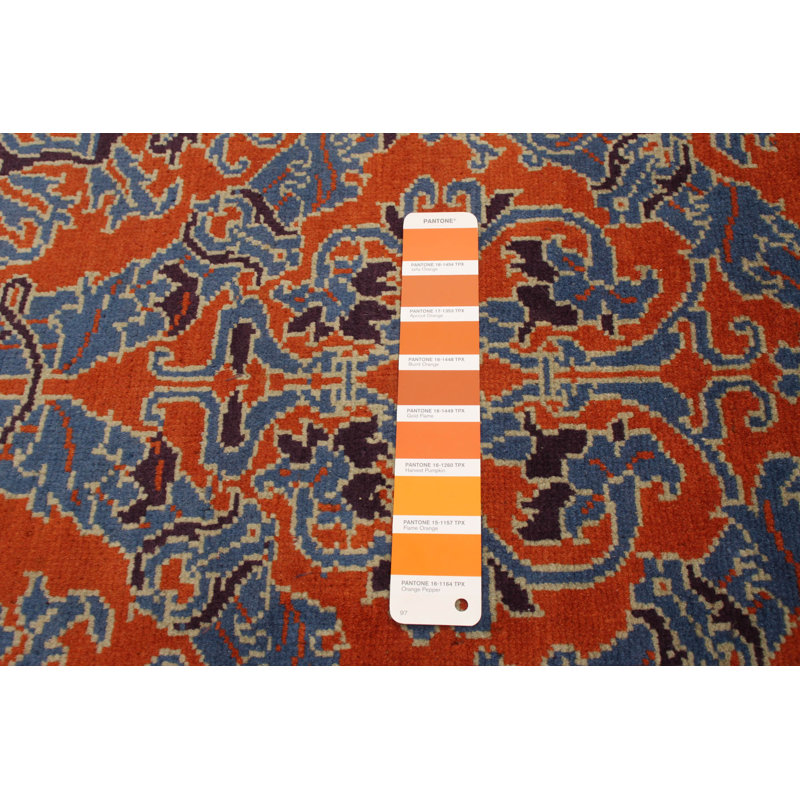 Tapis décoratif en laine noué à la main de conception unique 6 pi x 8 pi 1 po de couleur orange brûlé/bleu