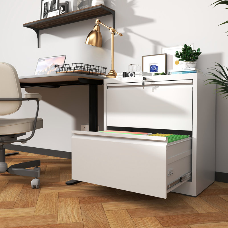 Classeur latéral blanc à 2 tiroirs avec serrure à clé, matériau laminé à froid, fonctionnement silencieux, classeur horizontal en acier Interlock, construction, dossiers réglables, glissières