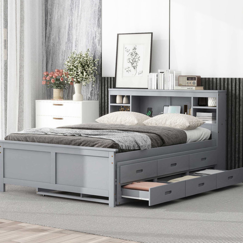 Lit double gris avec rangement pour tête de lit, 3 tiroirs et lit gigogne simple - plateforme de rangement fiable pour plus d'espace