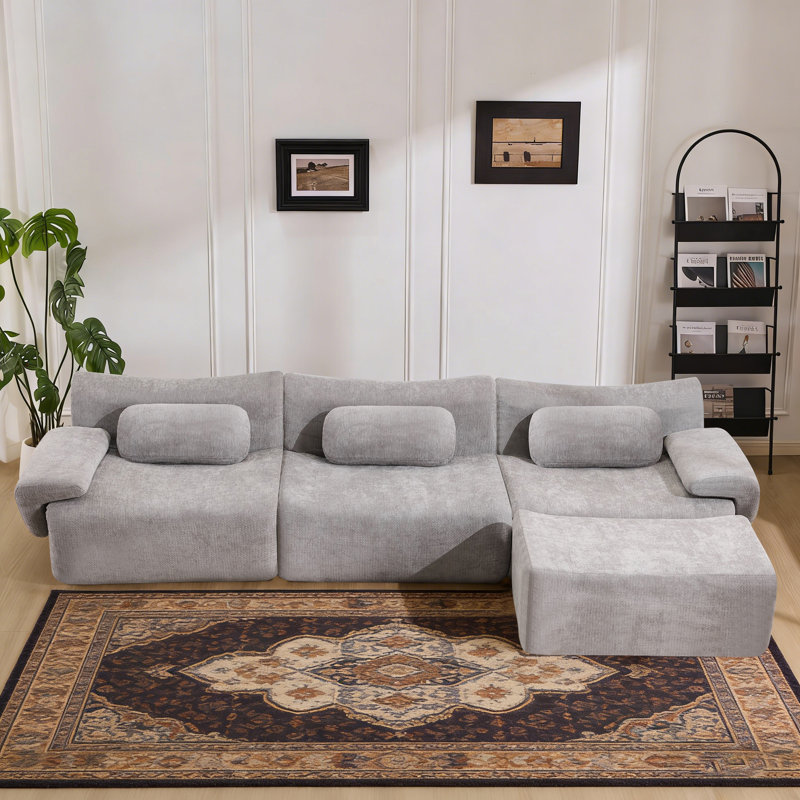 Boneless 108" Rayon from Joint Shape Modular Sectional Sofa, 3 Seater Chenille Deep-Seat with Ottoman, Gray Chenille