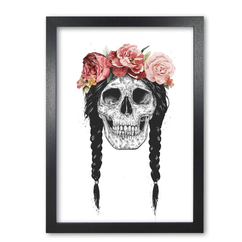 Festival Floral Skull by Mercedes Lopes Charro - Print, 42 cm H x 29.7 cm W x 5 cm D, Black Grain