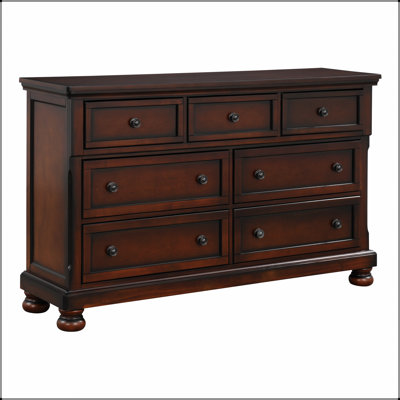 Commode classique 7 tiroirs transitionnelle avec finition cerisier brun, placage de bouleau et rangement dissimulé pour les chambres élégantes