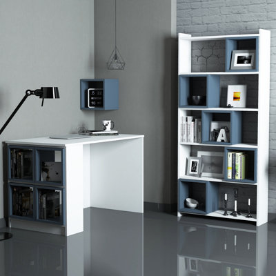 Modern Study Desk & Bookshelf Set, White & Blue, 47.2 x 29.5 x 25.6 inches Desk | 31.5 x 66.9 x 8.7 inches Bookshelf | 11.8 x 11.8 x 9.4 inches Wall Shelf | 100% Melamine Coated Particle Board, Stylish & Functional Design