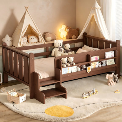 Montessori Floor Bed with Built-In Storage Bookcases & Safety Guardrails, Solid Wood Toddler Bed with Cute Entry Stairs