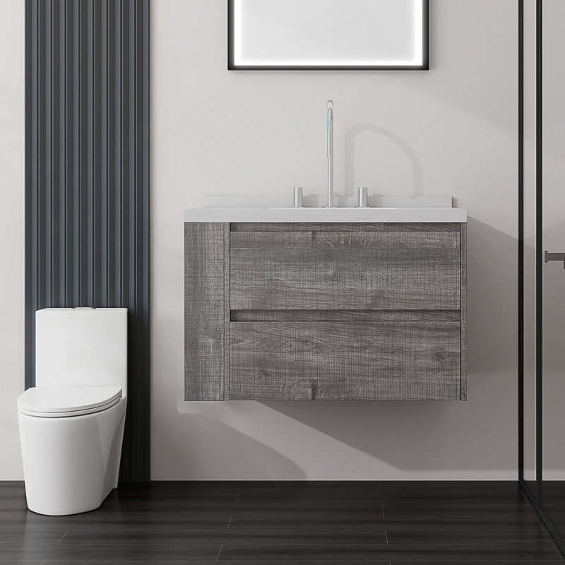 Meuble-lavabo suspendu de 76 cm (30 pouces) avec comptoir en marbre reconstitué et tiroirs à fermeture en douceur, Gray
