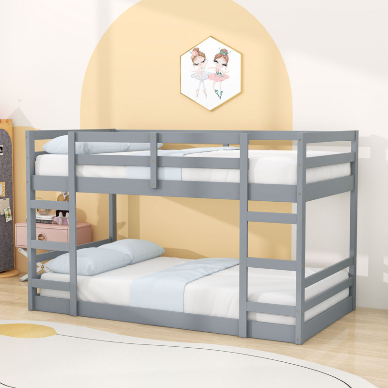 Wooden Bunk Bed With Slats And Ladder, Gray, Twin Over Twin