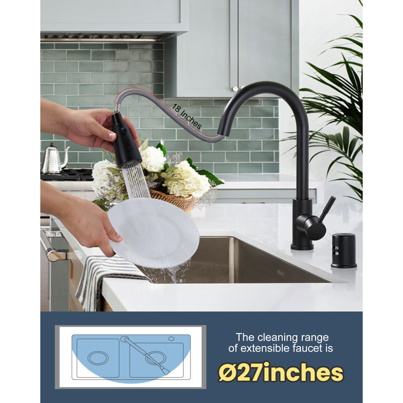 Single Handle Stainless Steel Pull-Down Kitchen Faucet with Air Gap Kit Combo, Matte Black