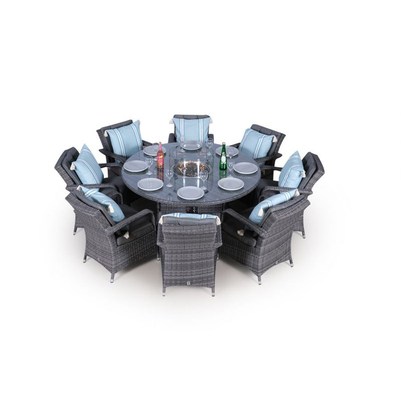 Otero 8 - Person Wicker Patio Dining Set with Round Table , Cushions Included, Grey, Grey/Light Blue