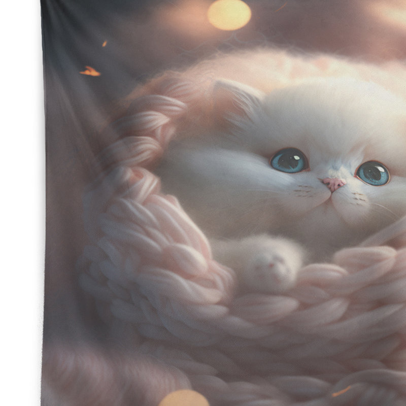 Mignon petit chaton blanc dans un nid tricoté - Tapisserie murale animaux, H 32 po x l 39 po