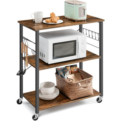 Kitchen Shelf On Wheels Serving Cart With 3 Kitchen Cart Microwave Shelf For Mini Oven Toaster With 6 Hooks Industrial Style Rustic UKKS60XV1