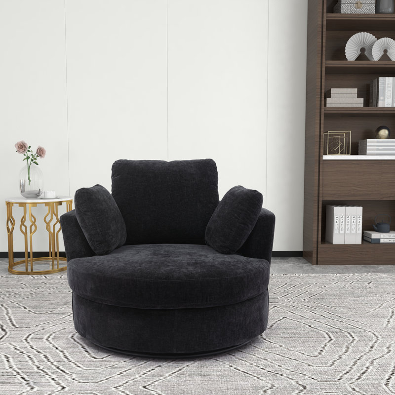 Chemaia Black Polyester Swivel Barrel Chair with Recessed Arms