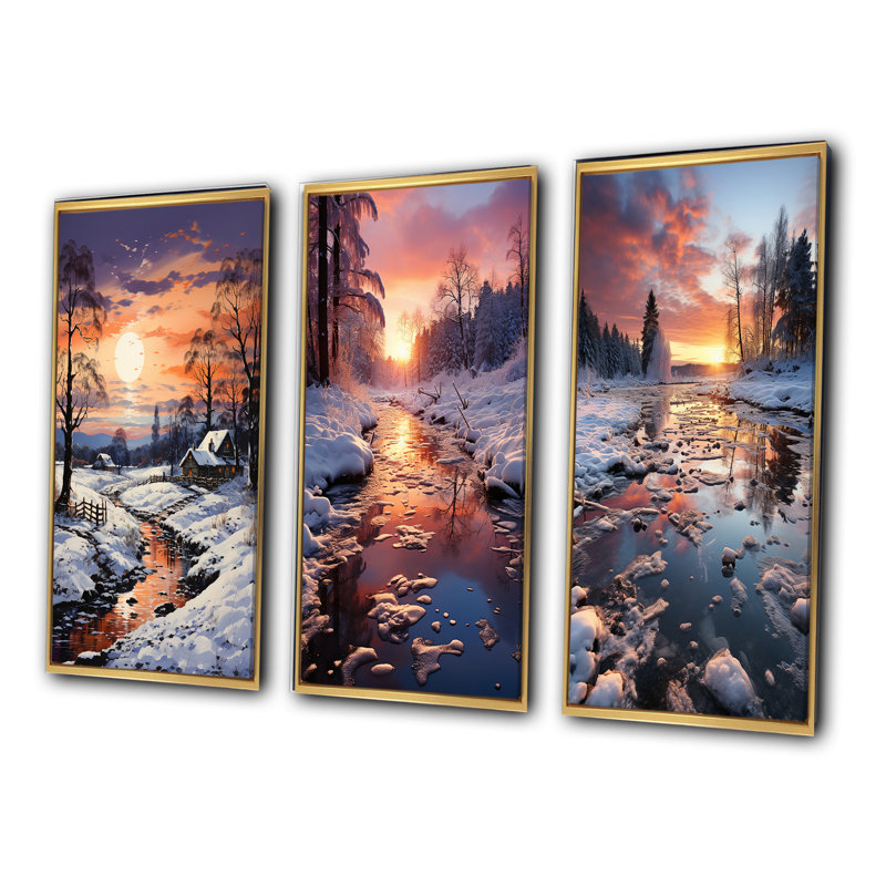 «Winter Sunset Snowfall», 3 pièces sur toile, Encadrement doré, H 20 po x l 36 po