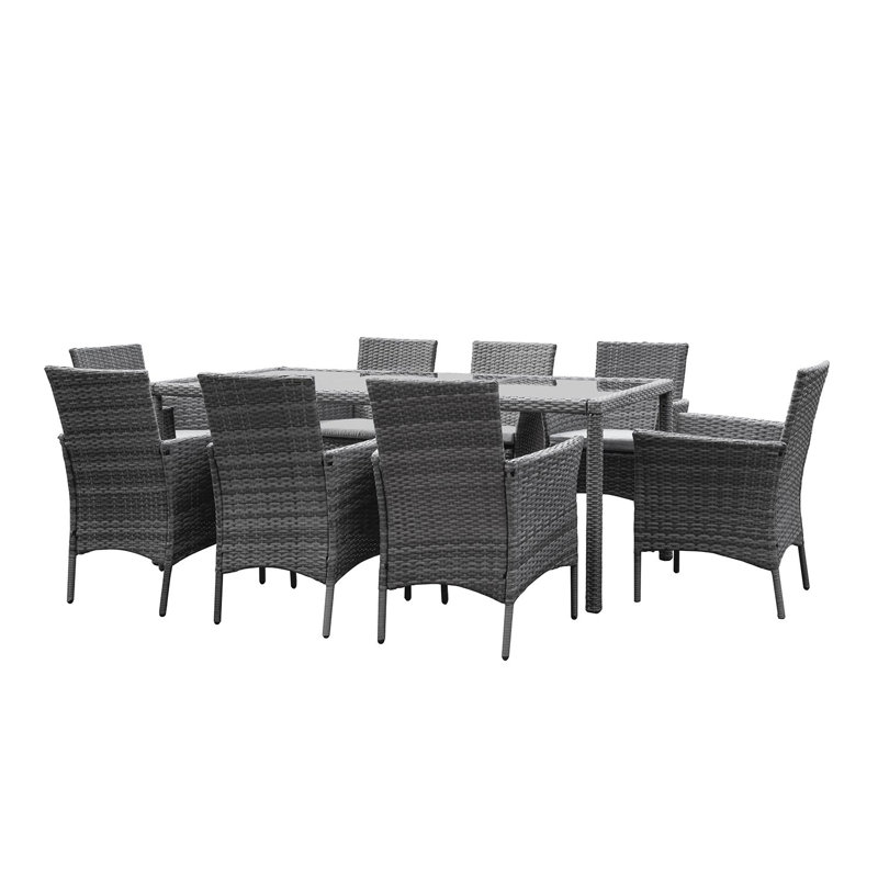 Ahmid 8 - Person Wicker Patio Dining Set with Rectangular Table , Cushions Included, Grey, No
